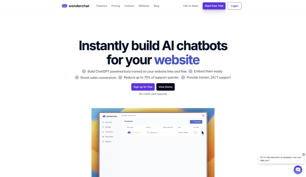 Wonderchat homepage screenshot, showcasing AI custom chatbot creation and no-code chatbot training